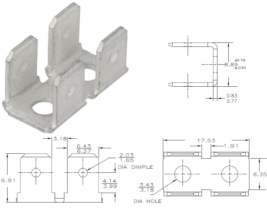 Faston Macho Multiple contactos 6.35mm 4 contactos Estañado